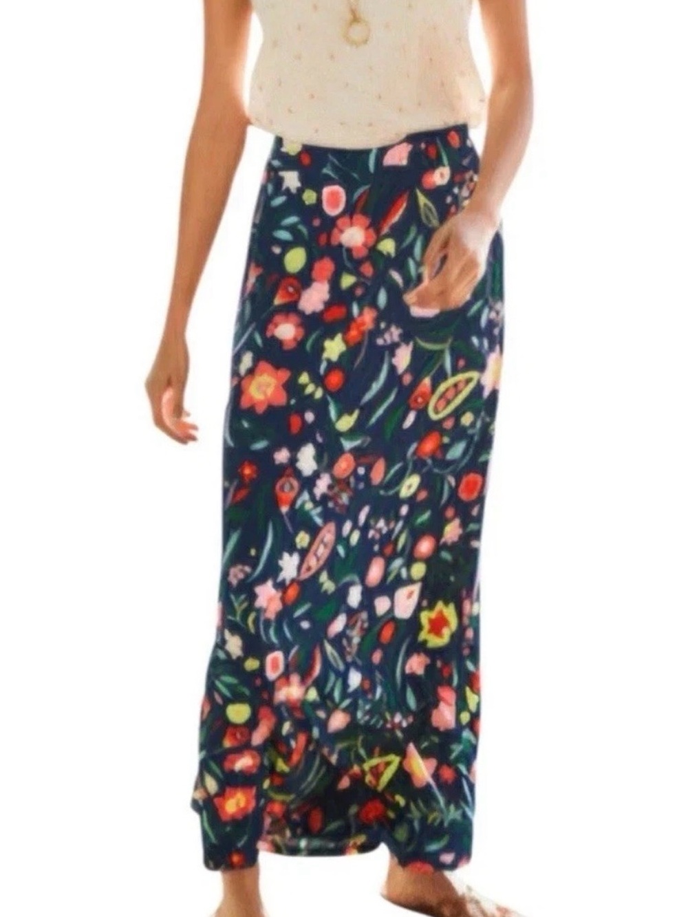 Boden Navy Floral Maxi Skirt Size 4R UK 8R Elastic Waist Pockets Jersey Knit